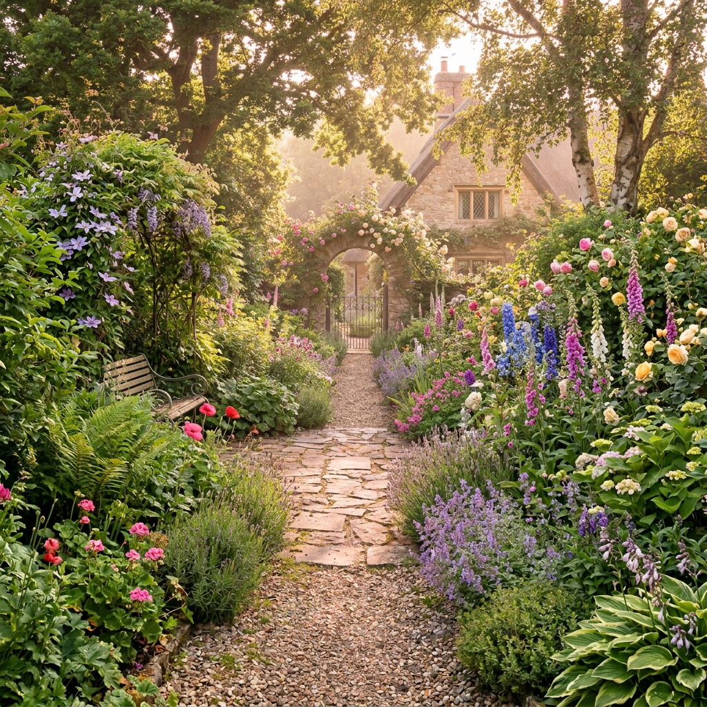 Stone garden path surrounded by flowers leading to a cottage