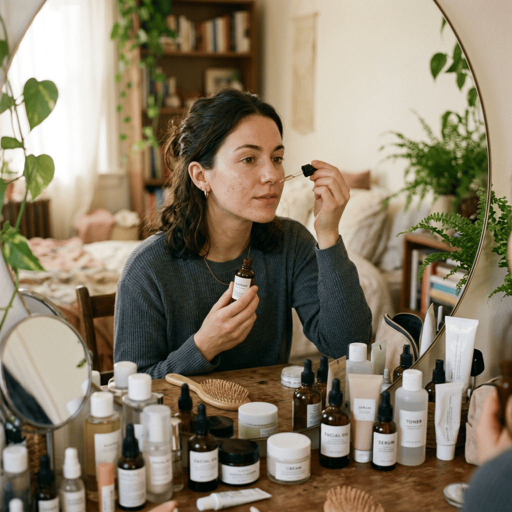 Woman applying facial oil while holding a skincare bottle at a vanity