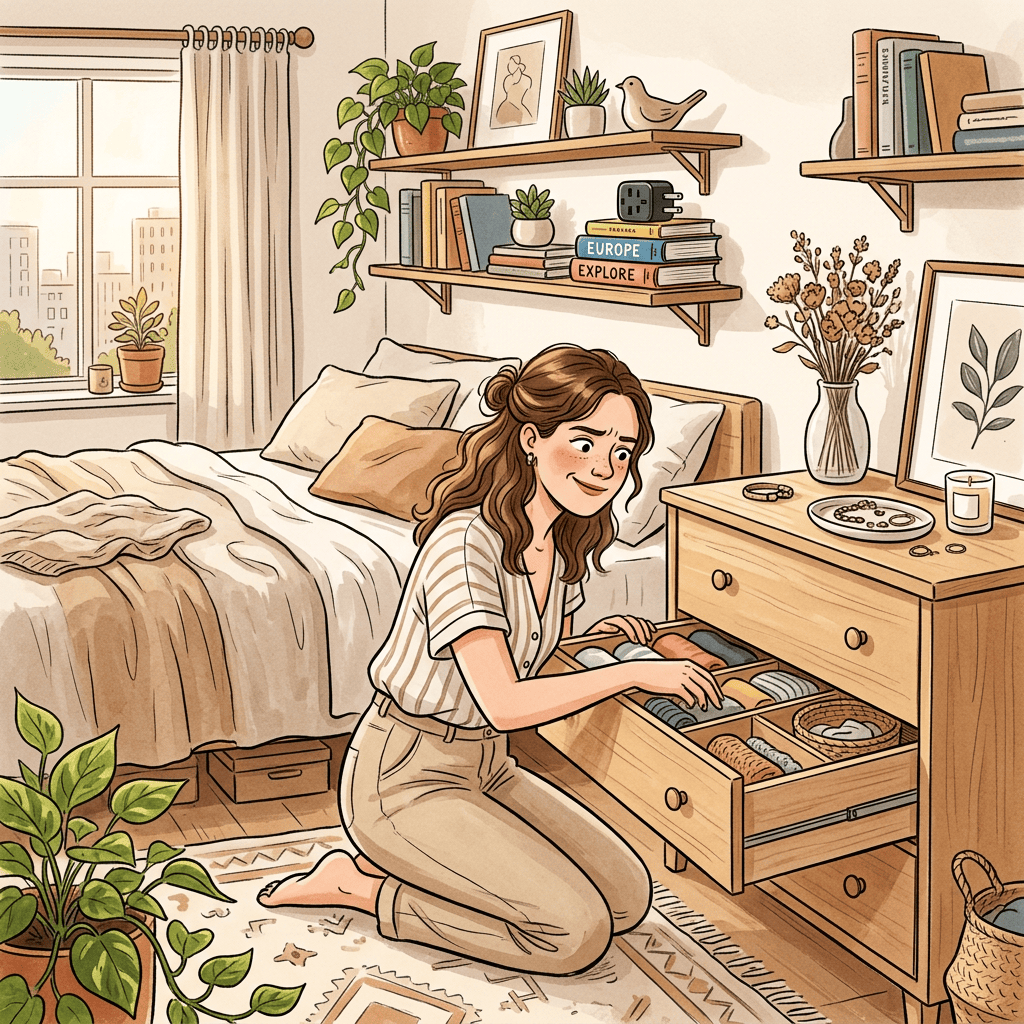Woman organizing clothes in a bedroom dresser