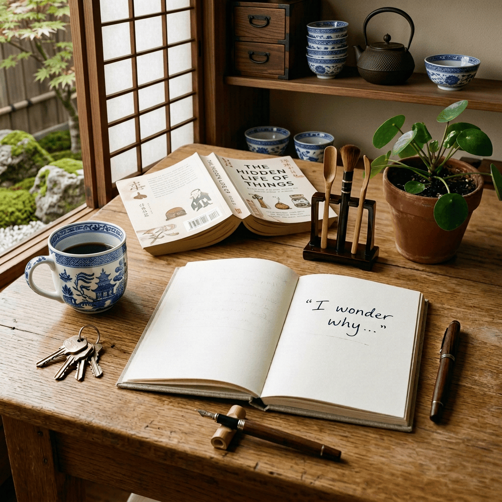 Open journal reading “I wonder why…” beside coffee, books, keys, and a potted plant