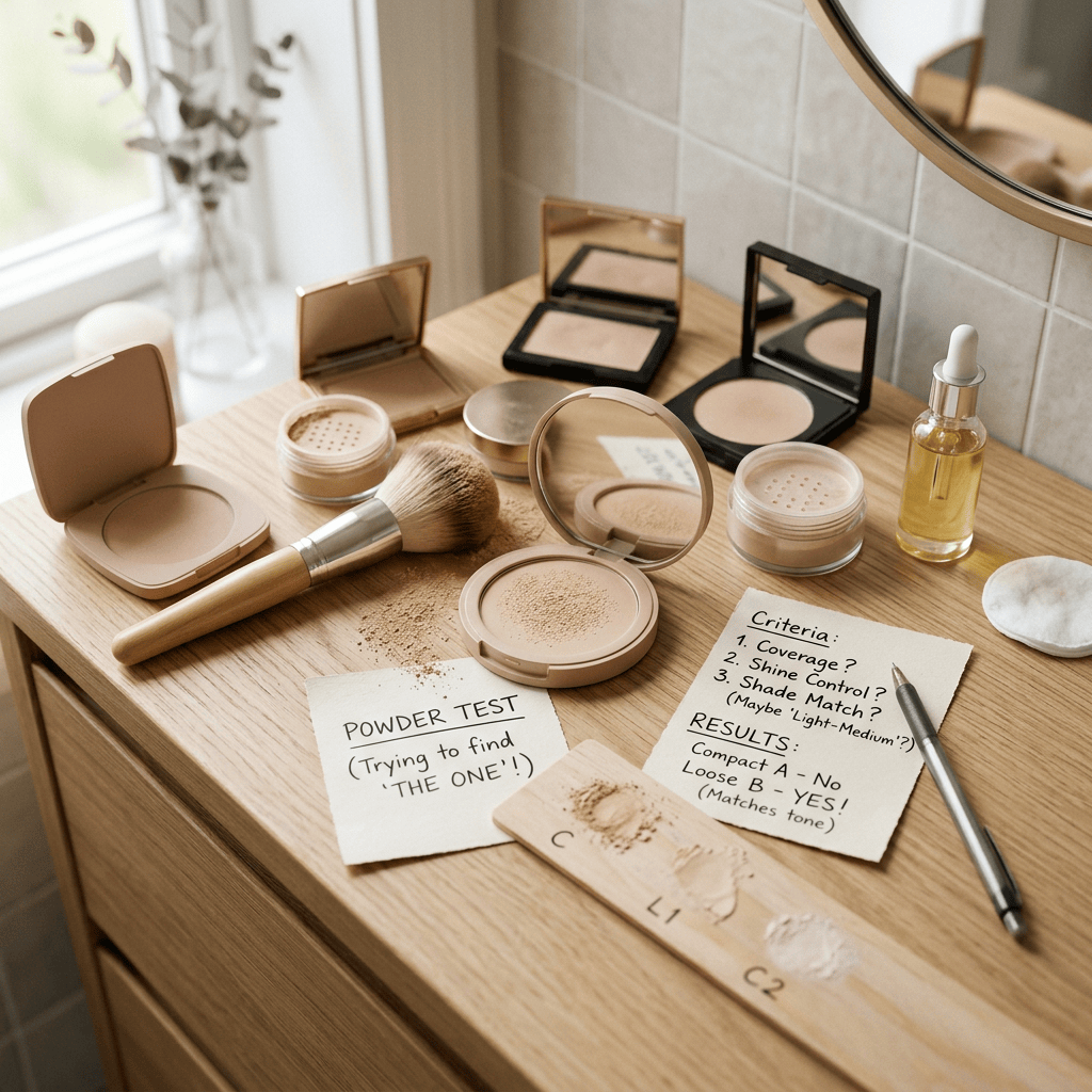 Makeup powders, brush, oil, notes reading “POWDER TEST (Trying to find THE ONE!)”, “Criteria: 1. Coverage? 2. Shine Control? 3. Shade Match? (Maybe ‘Light-Medium’?)”, and “RESULTS: Compact A - NO! Loose B - YES! (Matches tone)”.