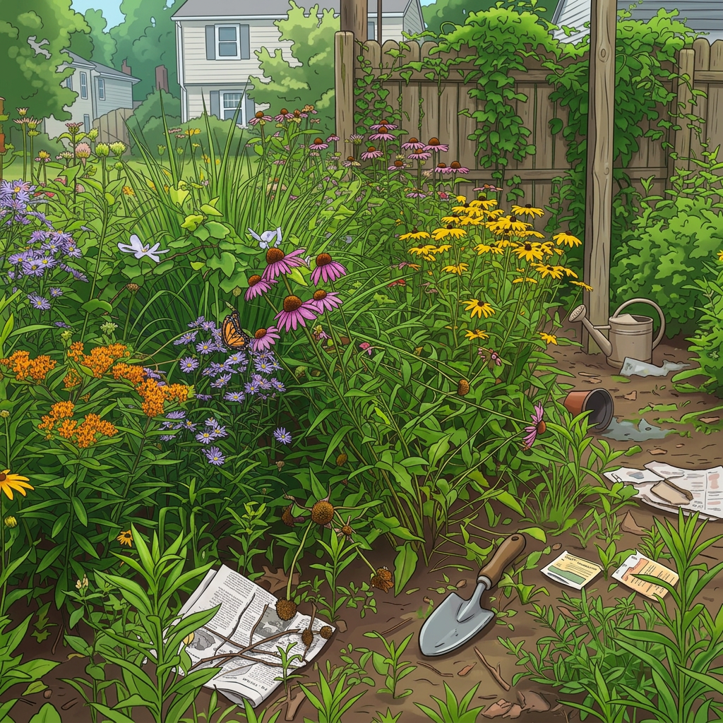 Colorful backyard pollinator garden with flowers and a butterfly