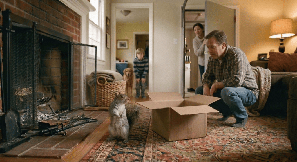 Squirrel beside cardboard boxes in a living room with a dog nearby